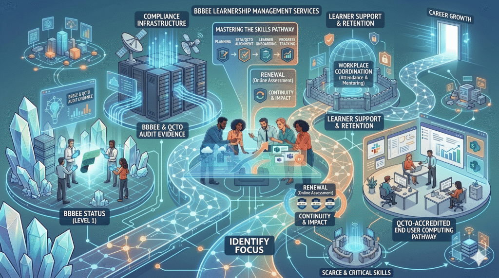 A detailed, futuristic isometric infographic illustration detailing BBBEE Learnership Management Services on a dark teal background with glowing circuit pathways. The graphic features interconnected circular stations and winding roads mapping out a business learning journey.